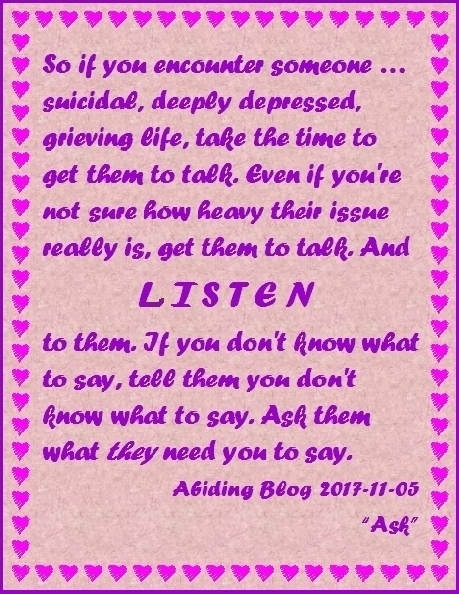 So if you encounter someone...suicidal, deeply depressed, grieving life, take the time to get them to talk. Even if you're not sure how heavy their issue really is, get them to talk. And LISTEN to them. If you don't know what to say, tell them you don't know what to say. Ask them what they need you to say. #Suicide #Listen #Ask #AbidingBlog2017Ask